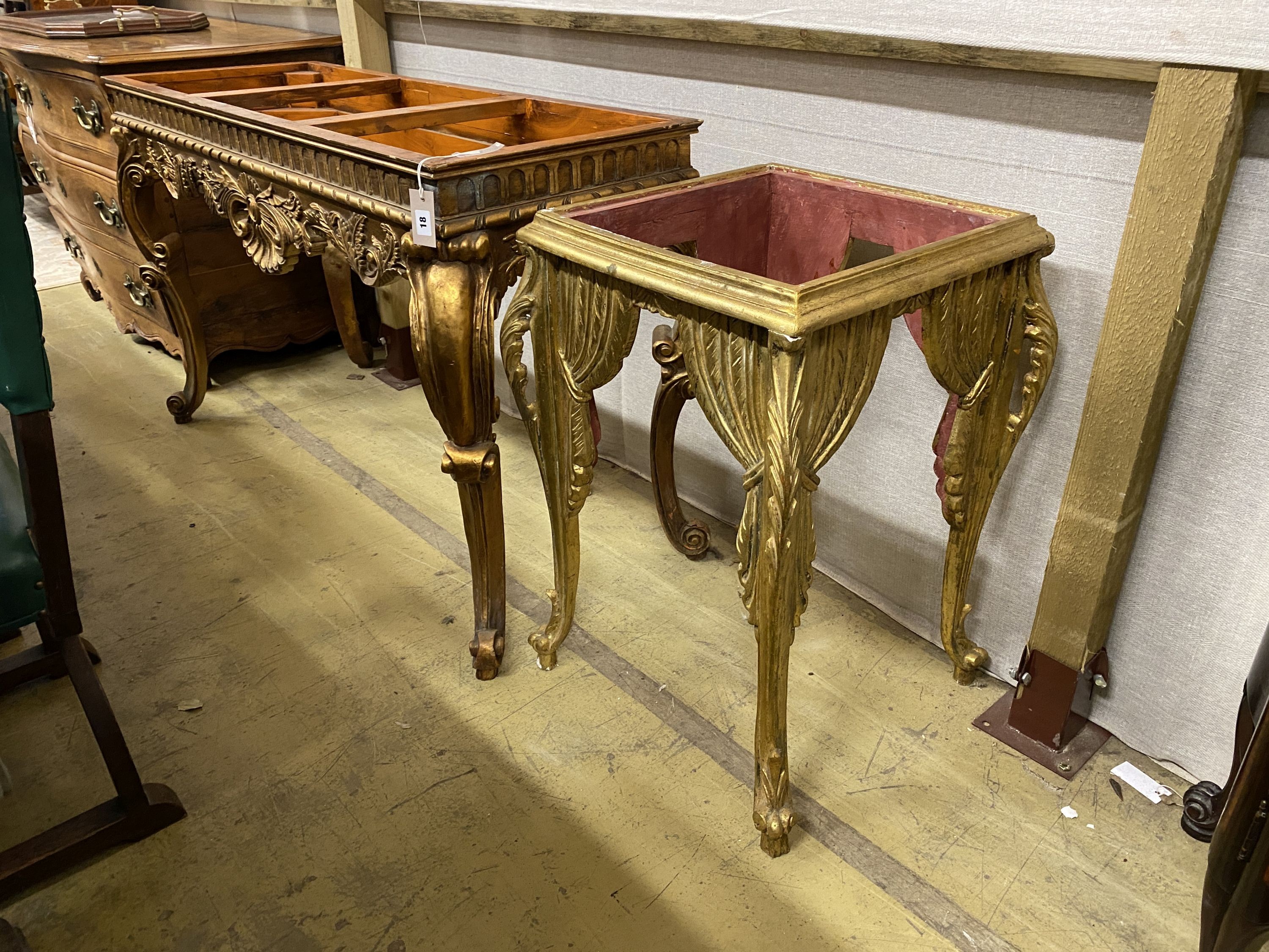 Two 18th century style giltwood table bases (lacking marble tops), larger width 127cm, depth 47cm, height 79cm